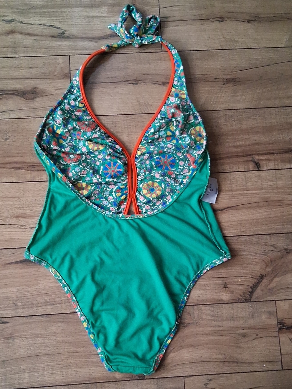 Women's Green Mosaic Halter V Neck One-Piece Swimsuit with Coral Trim Large - Picture 13 of 16